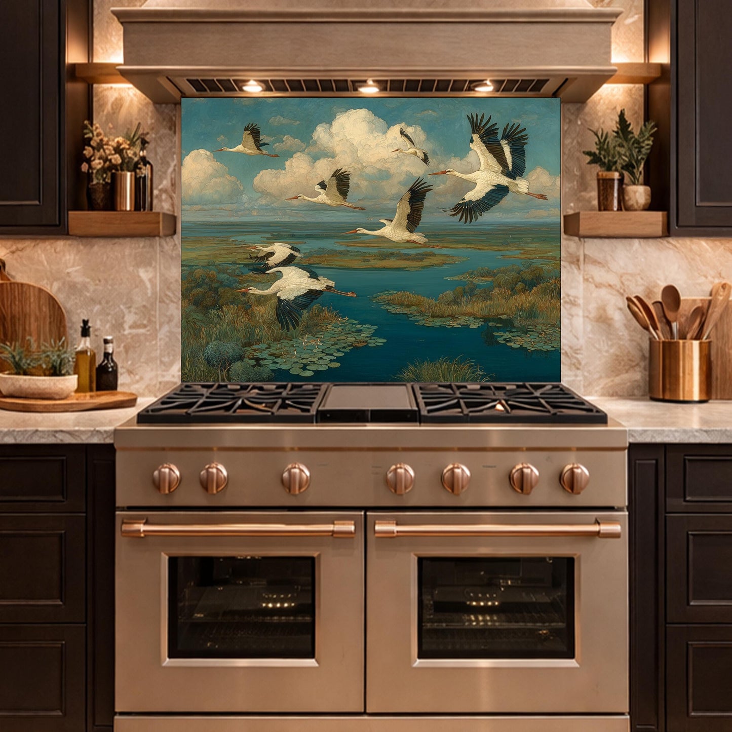 Flying Storks over Wetlands Tempered Glass Backsplash, Wildlife Nature Wall Panel, Stove Guard