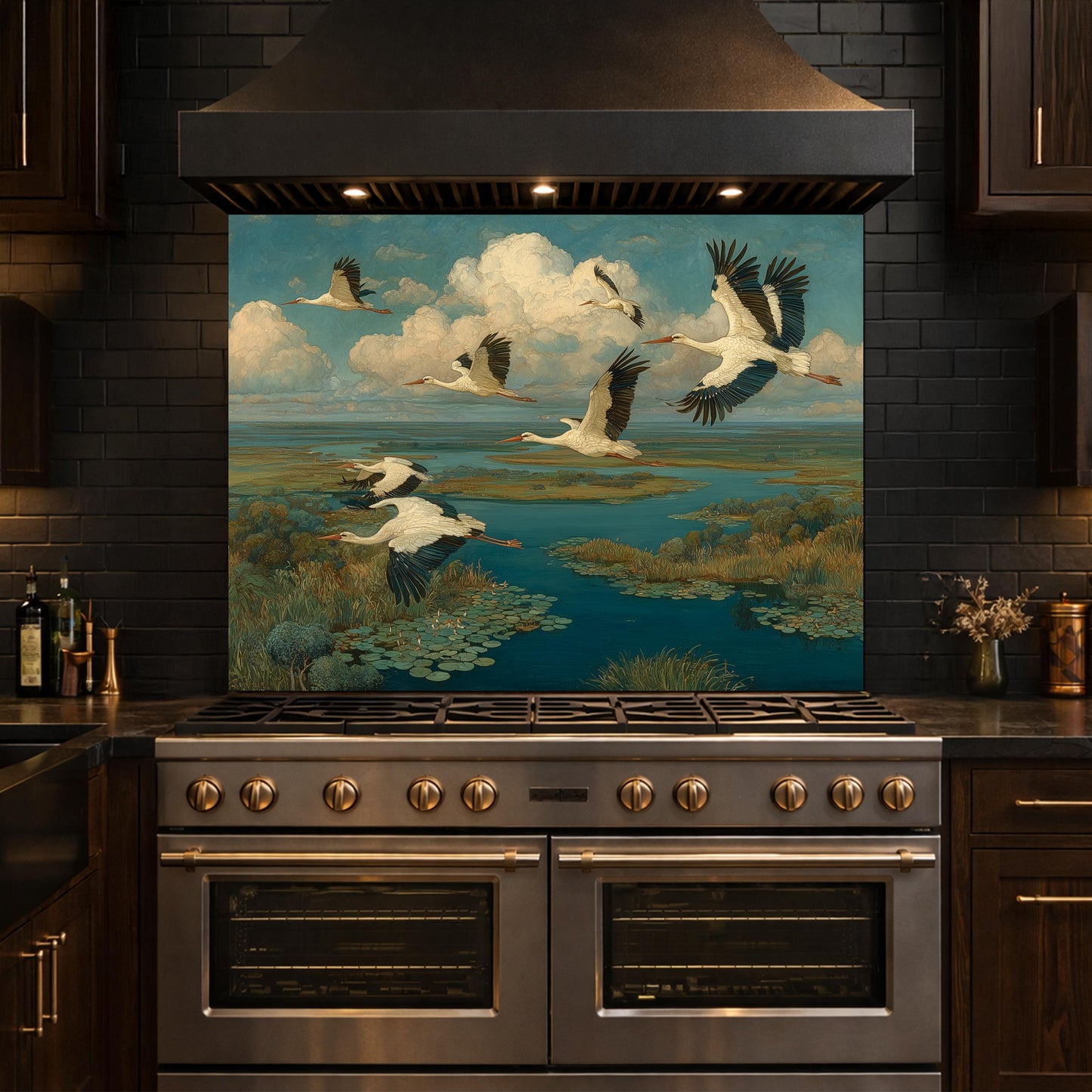 Flying Storks over Wetlands Tempered Glass Backsplash, Wildlife Nature Wall Panel, Stove Guard