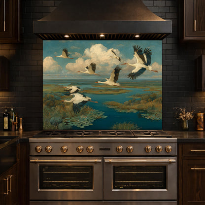 Flying Storks over Wetlands Tempered Glass Backsplash, Wildlife Nature Wall Panel, Stove Guard