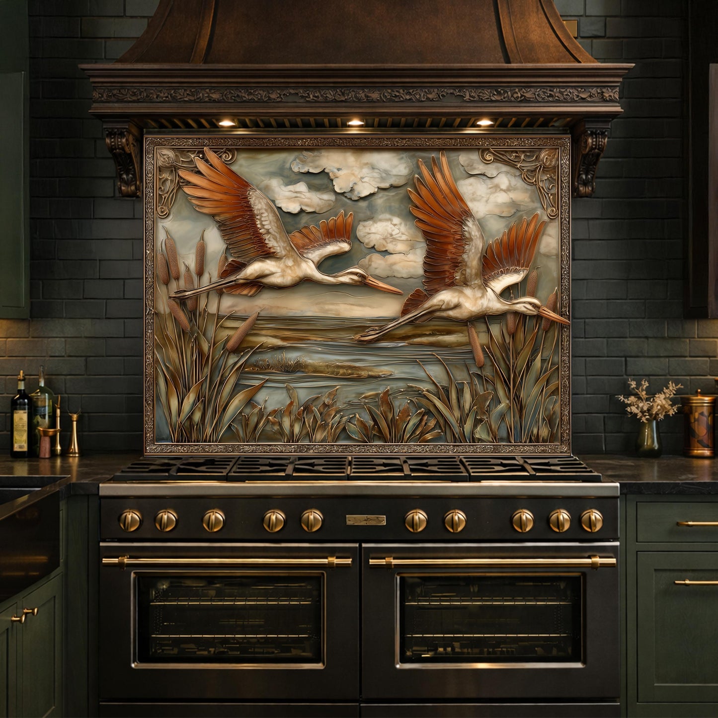 Copper Relief Storks Flight Tempered Glass Backsplash, Wildlife Wetland Wall Panel, Stove Guard