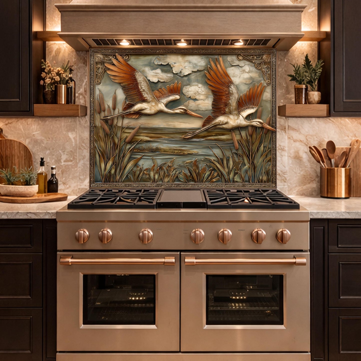 Copper Relief Storks Flight Tempered Glass Backsplash, Wildlife Wetland Wall Panel, Stove Guard