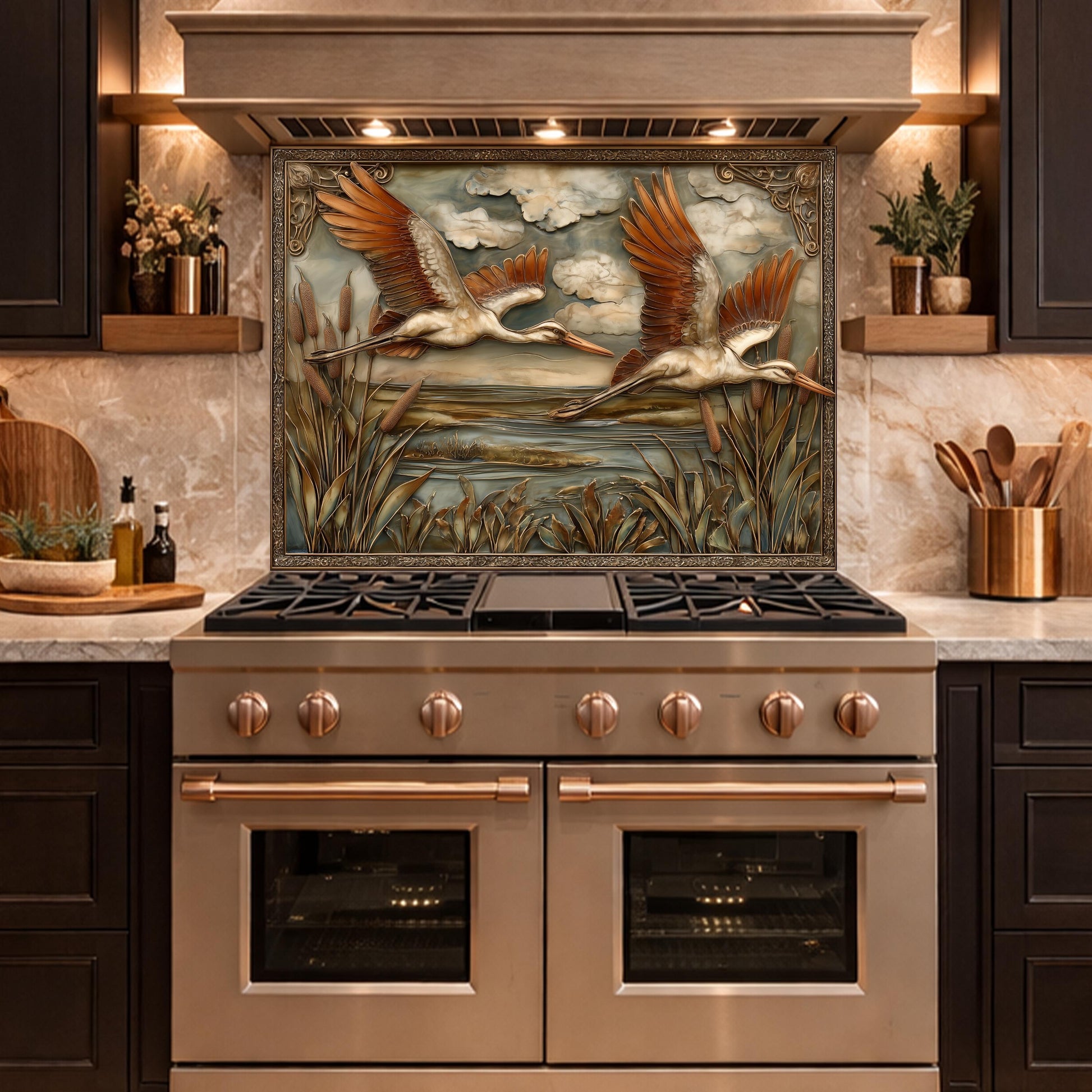 Copper Relief Storks Flight Tempered Glass Backsplash, Wildlife Wetland Wall Panel, Stove Guard