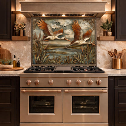 Copper Relief Storks Flight Tempered Glass Backsplash, Wildlife Wetland Wall Panel, Stove Guard