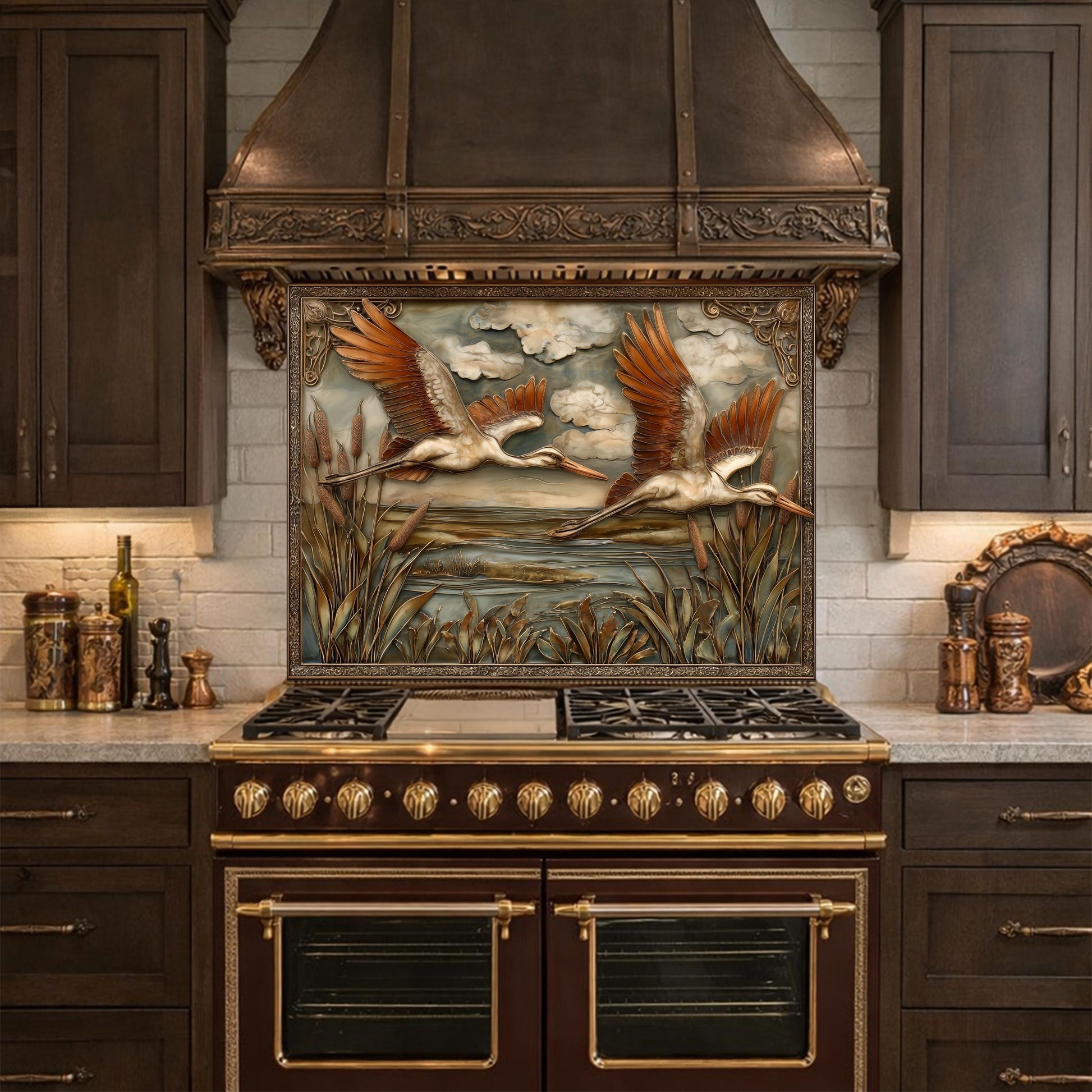 Copper Relief Storks Flight Tempered Glass Backsplash, Wildlife Wetland Wall Panel, Stove Guard
