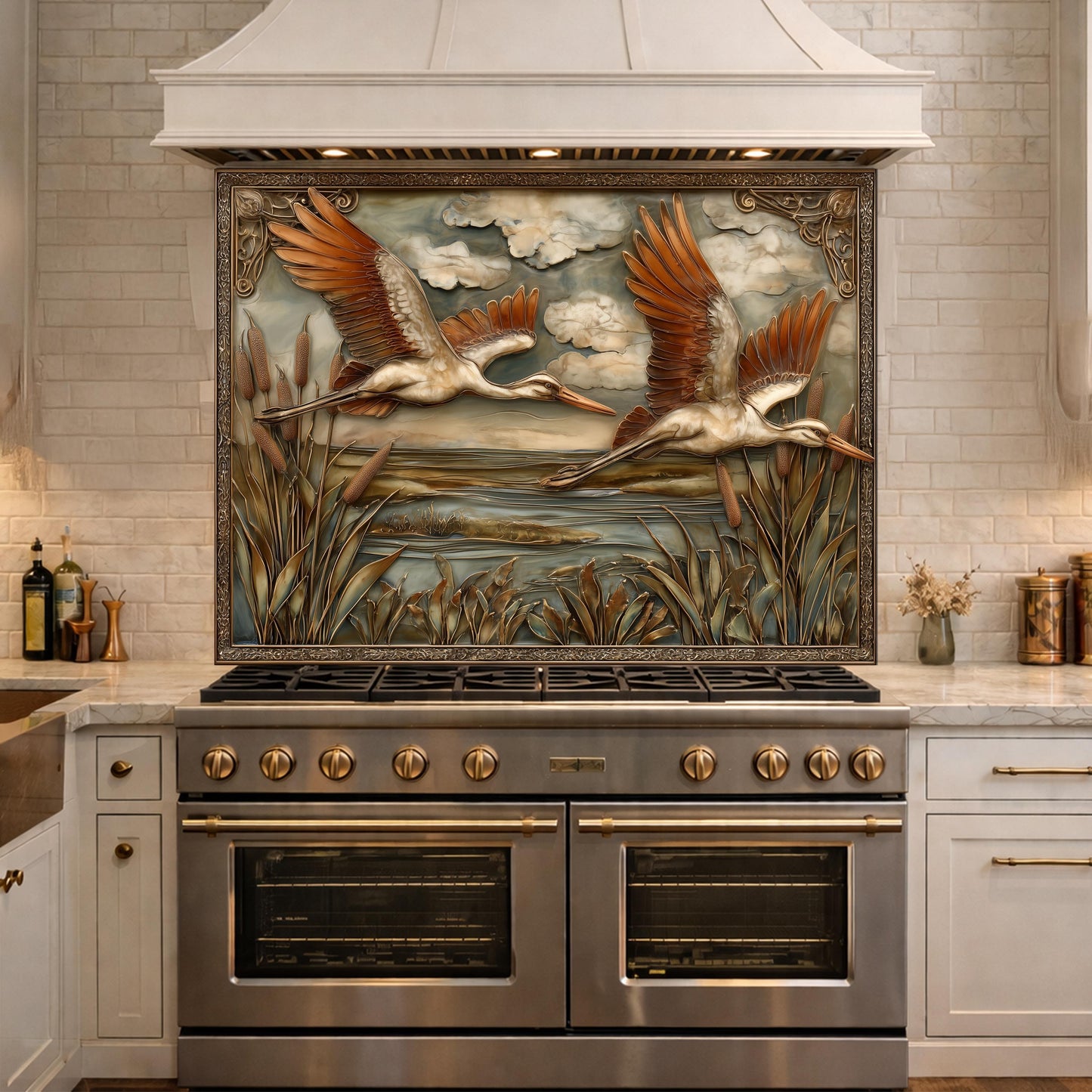 Copper Relief Storks Flight Tempered Glass Backsplash, Wildlife Wetland Wall Panel, Stove Guard