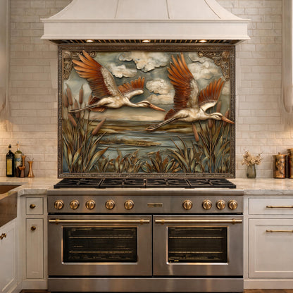 Copper Relief Storks Flight Tempered Glass Backsplash, Wildlife Wetland Wall Panel, Stove Guard