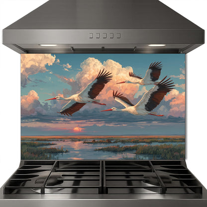 Graceful Storks over Golden Marsh Tempered Glass Backsplash, Wildlife Sunset Wall Panel, Stove Guard
