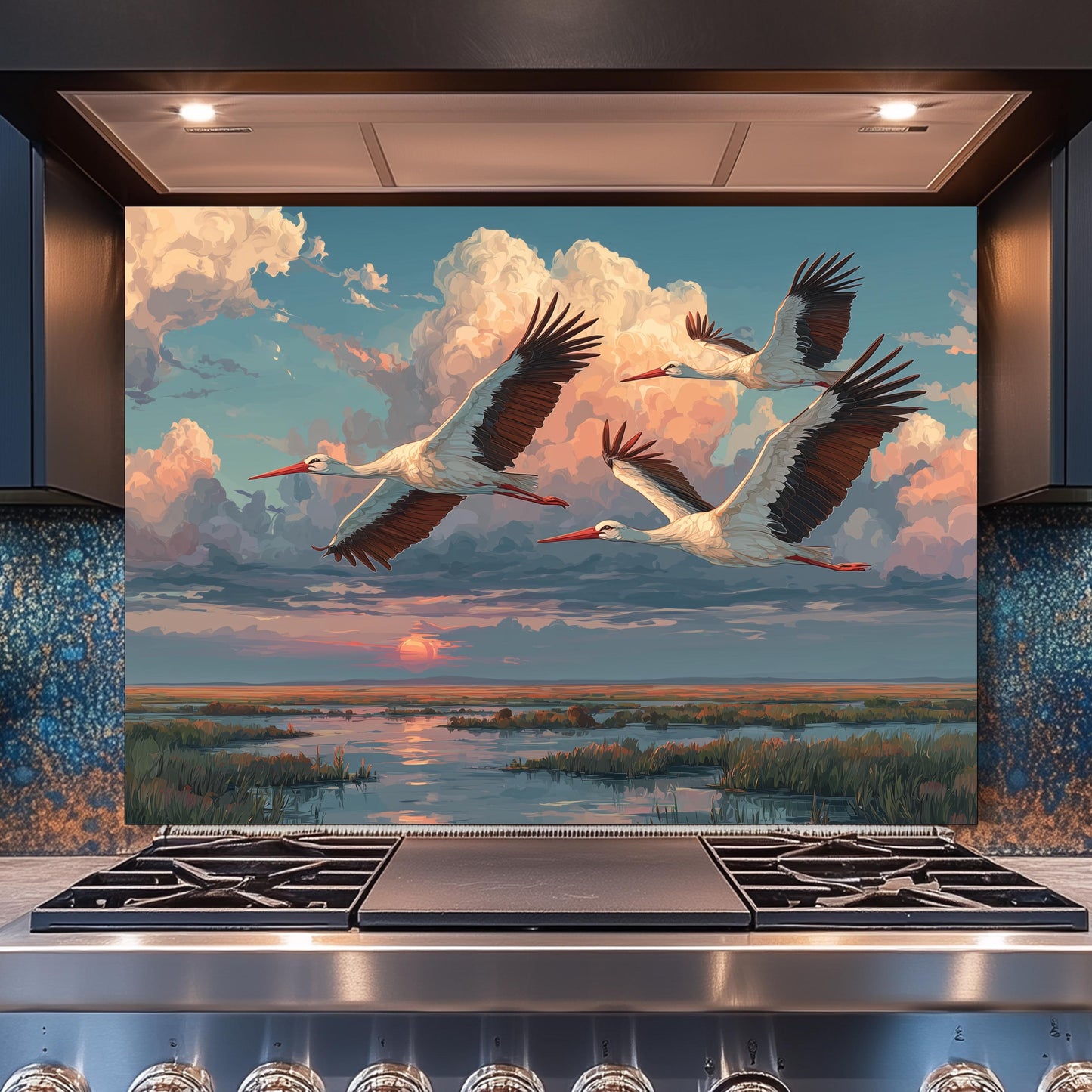 Graceful Storks over Golden Marsh Tempered Glass Backsplash, Wildlife Sunset Wall Panel, Stove Guard
