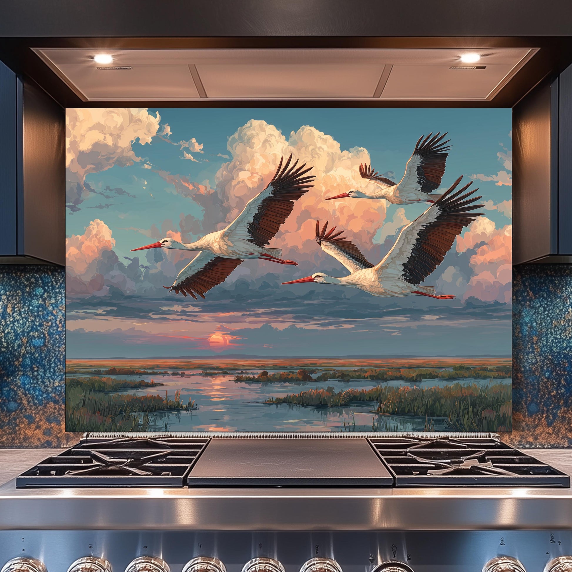 Graceful Storks over Golden Marsh Tempered Glass Backsplash, Wildlife Sunset Wall Panel, Stove Guard