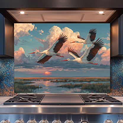 Graceful Storks over Golden Marsh Tempered Glass Backsplash, Wildlife Sunset Wall Panel, Stove Guard