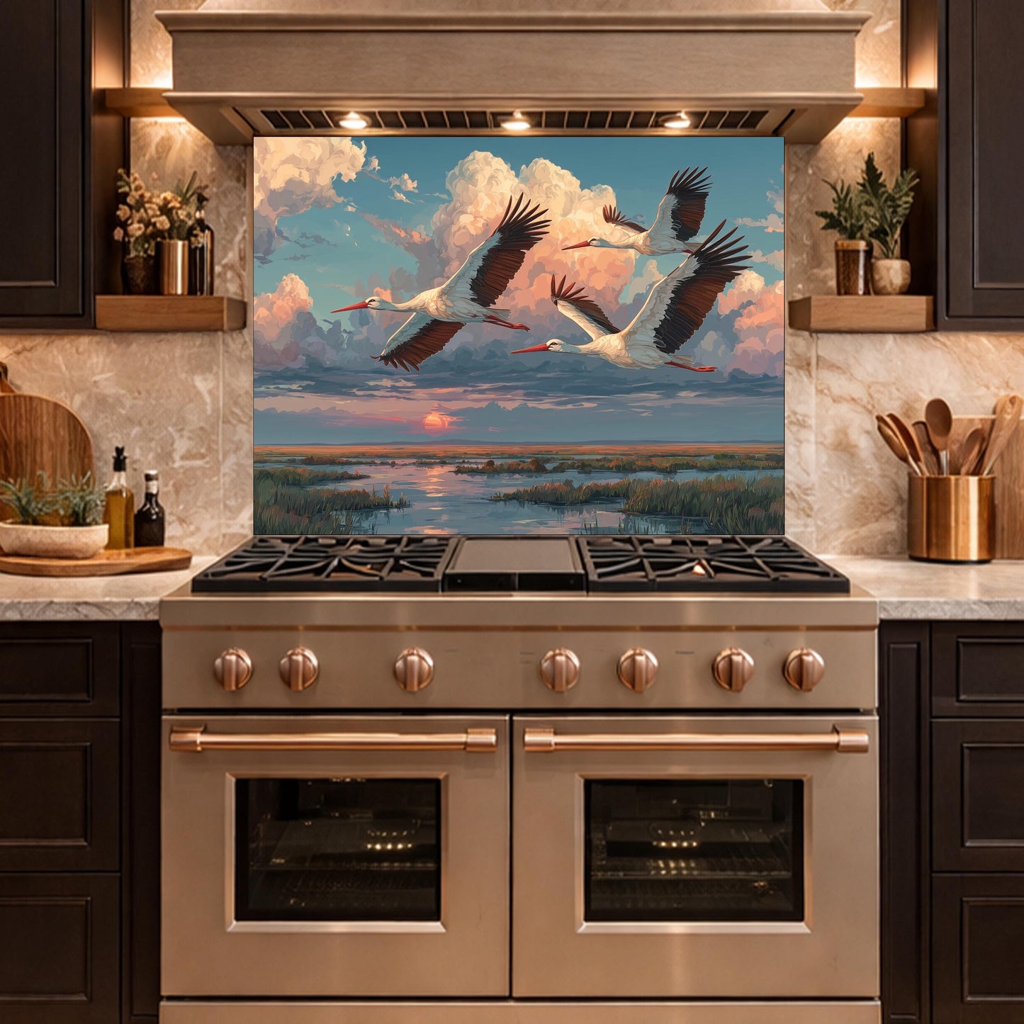 Graceful Storks over Golden Marsh Tempered Glass Backsplash, Wildlife Sunset Wall Panel, Stove Guard