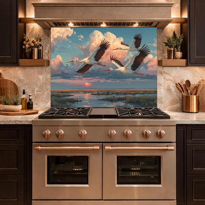 Graceful Storks over Golden Marsh Tempered Glass Backsplash, Wildlife Sunset Wall Panel, Stove Guard