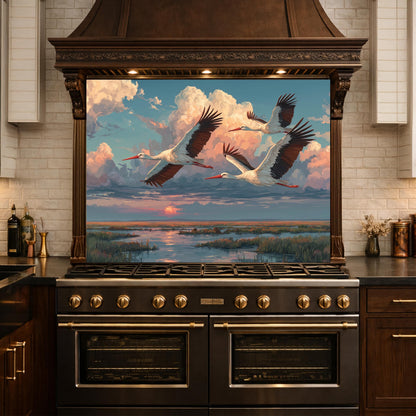 Graceful Storks over Golden Marsh Tempered Glass Backsplash, Wildlife Sunset Wall Panel, Stove Guard