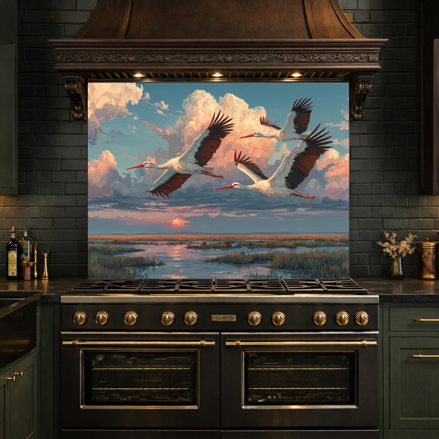 Graceful Storks over Golden Marsh Tempered Glass Backsplash, Wildlife Sunset Wall Panel, Stove Guard