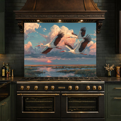 Graceful Storks over Golden Marsh Tempered Glass Backsplash, Wildlife Sunset Wall Panel, Stove Guard