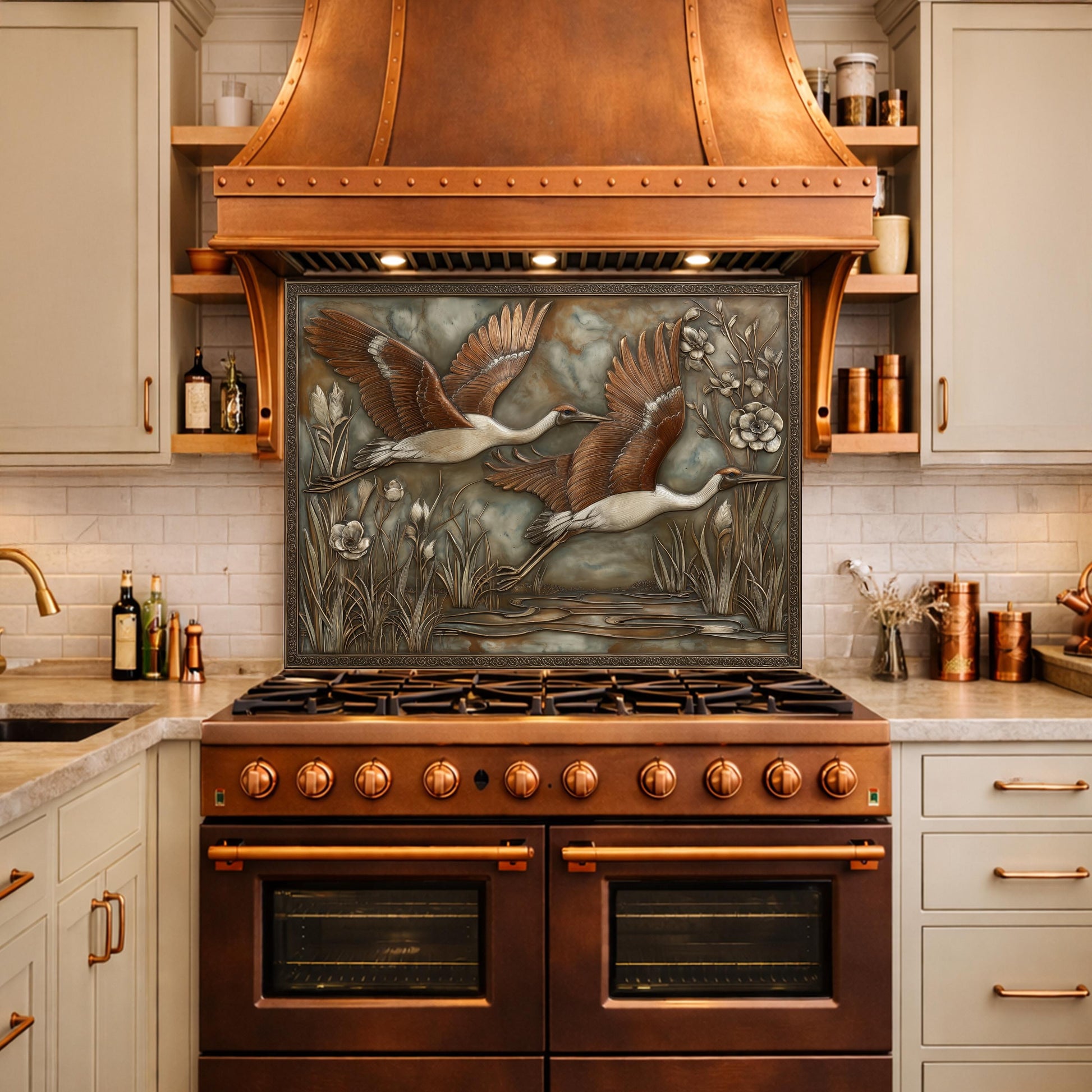 Copper Relief Cranes over Wetland Tempered Glass Backsplash, Wildlife Botanical Wall Panel, Stove Guard