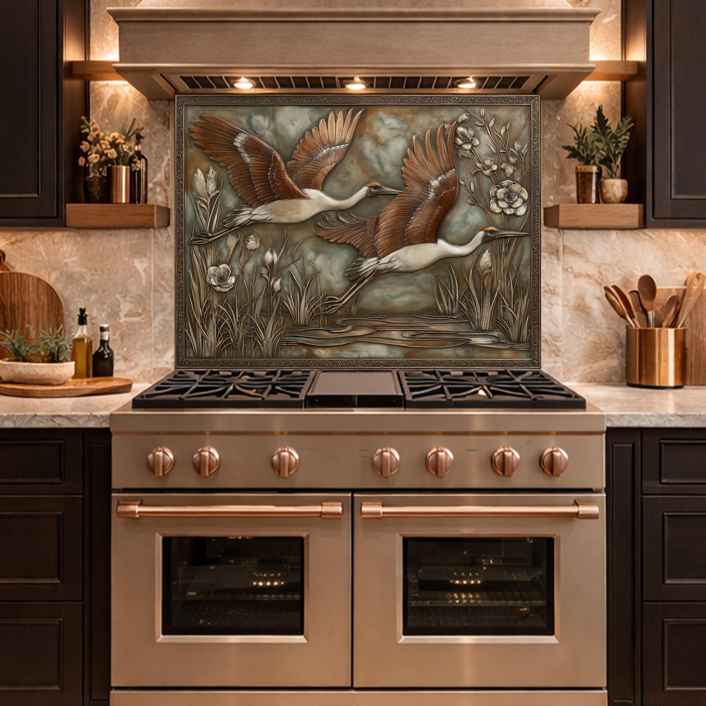 Copper Relief Cranes over Wetland Tempered Glass Backsplash, Wildlife Botanical Wall Panel, Stove Guard
