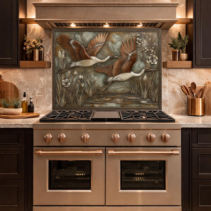 Copper Relief Cranes over Wetland Tempered Glass Backsplash, Wildlife Botanical Wall Panel, Stove Guard
