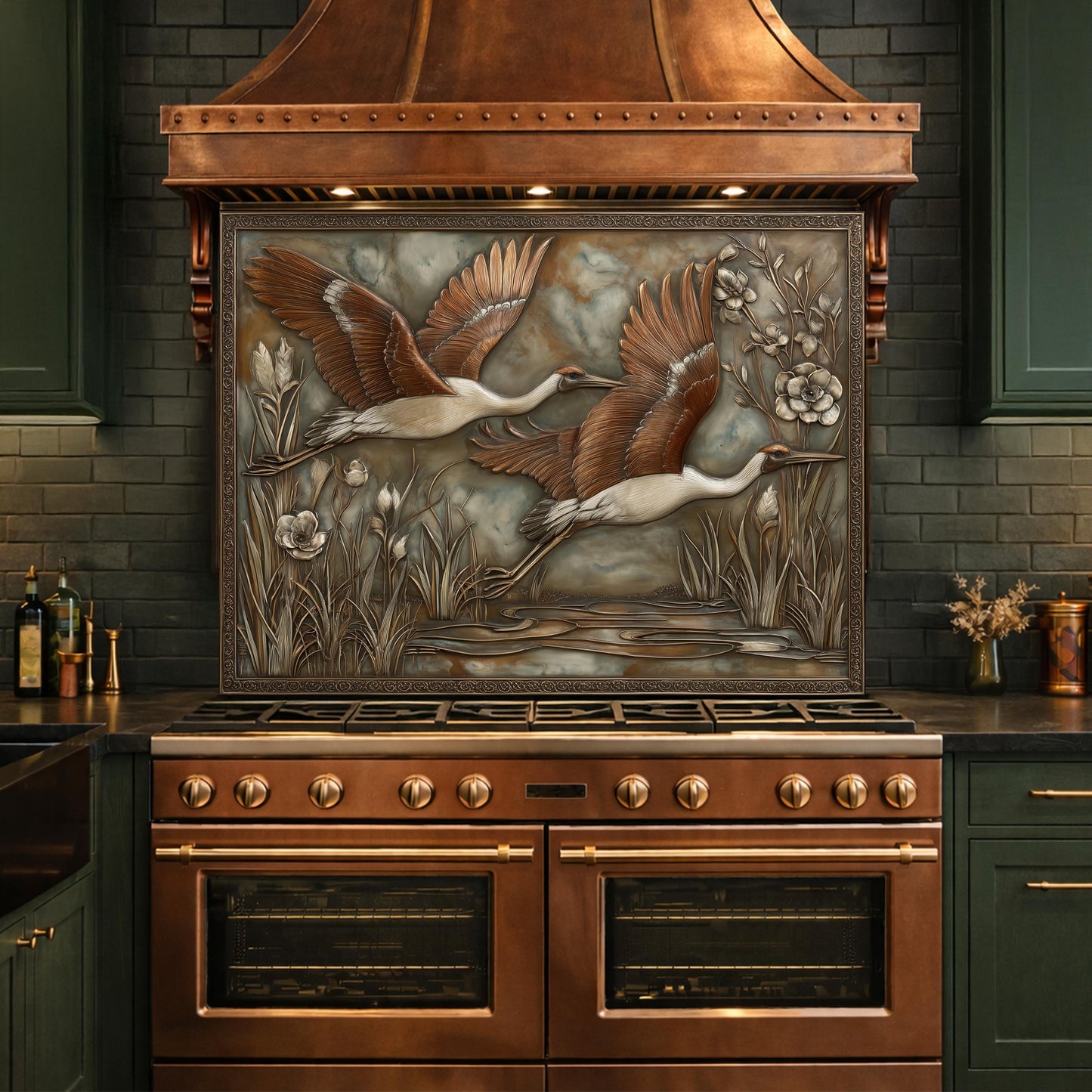 Copper Relief Cranes over Wetland Tempered Glass Backsplash, Wildlife Botanical Wall Panel, Stove Guard