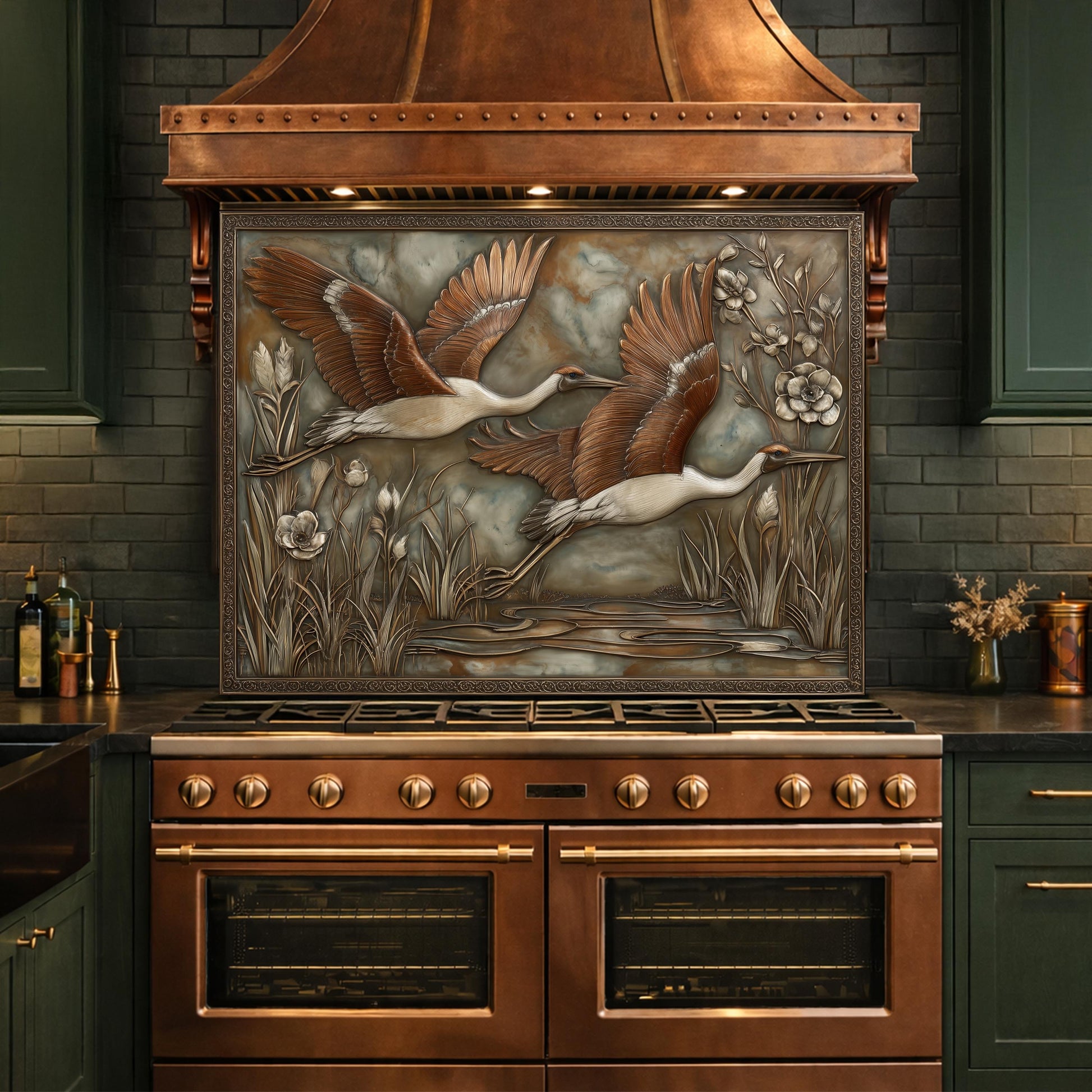 Copper Relief Cranes over Wetland Tempered Glass Backsplash, Wildlife Botanical Wall Panel, Stove Guard