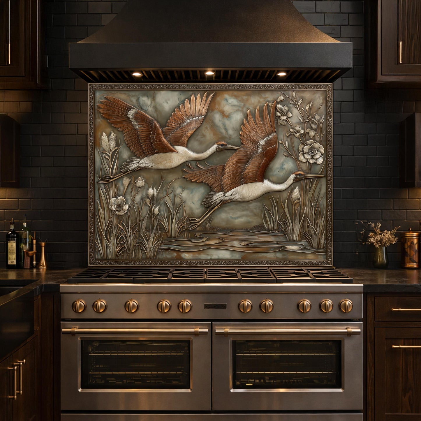 Copper Relief Cranes over Wetland Tempered Glass Backsplash, Wildlife Botanical Wall Panel, Stove Guard