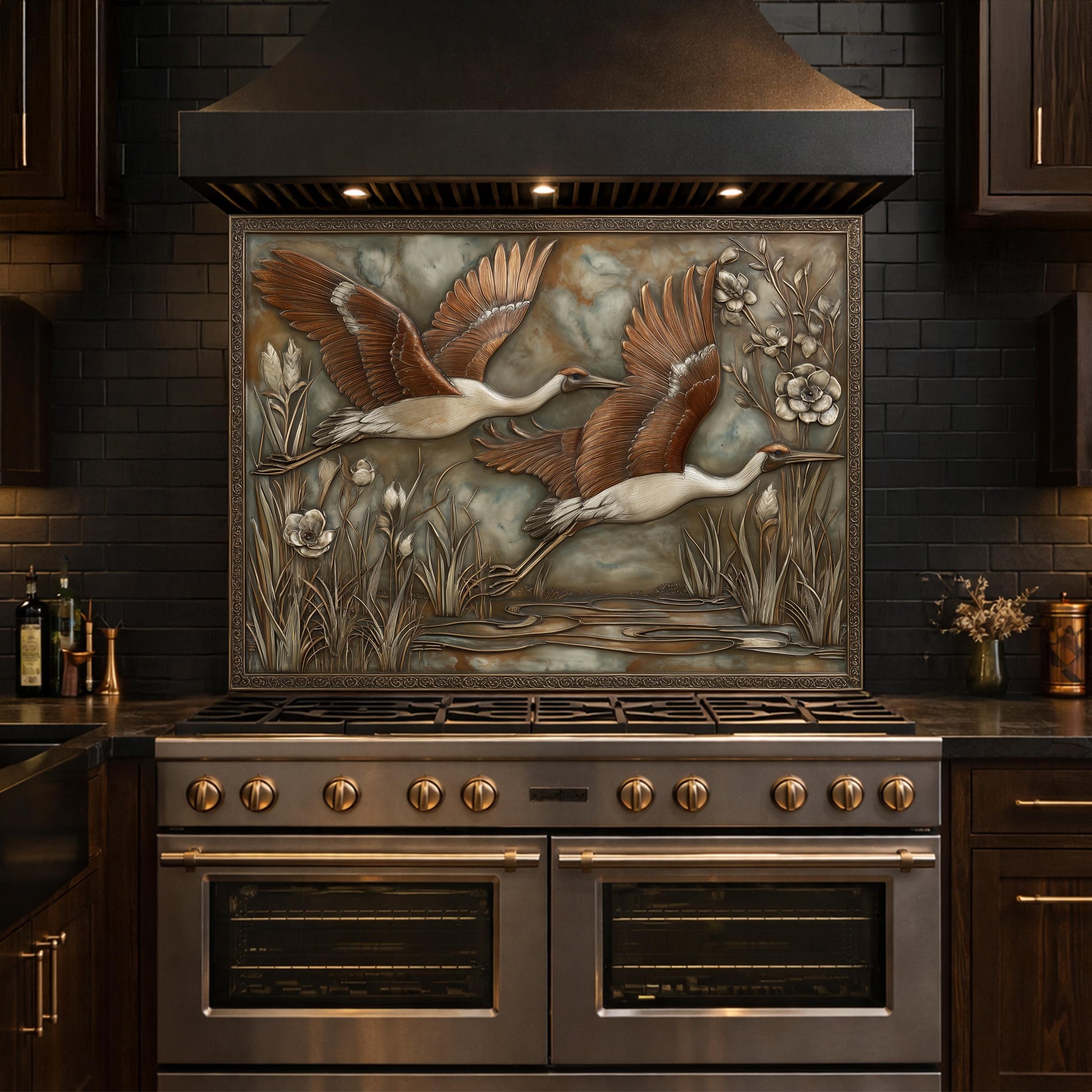Copper Relief Cranes over Wetland Tempered Glass Backsplash, Wildlife Botanical Wall Panel, Stove Guard
