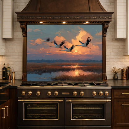 Ethereal Sunset Storks Flight Tempered Glass Backsplash, Wildlife Marsh Landscape Wall Panel, Stove Guard
