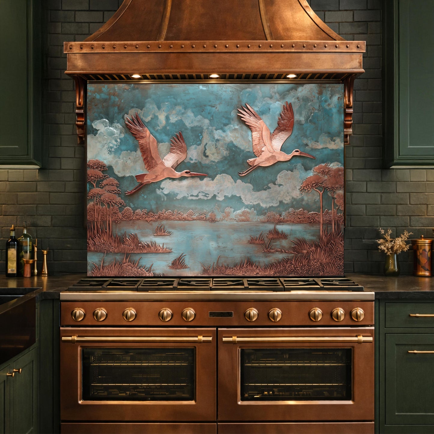 Copper Relief Flying Storks Tempered Glass Backsplash, Rustic Nature Wall Panel, Stove Guard