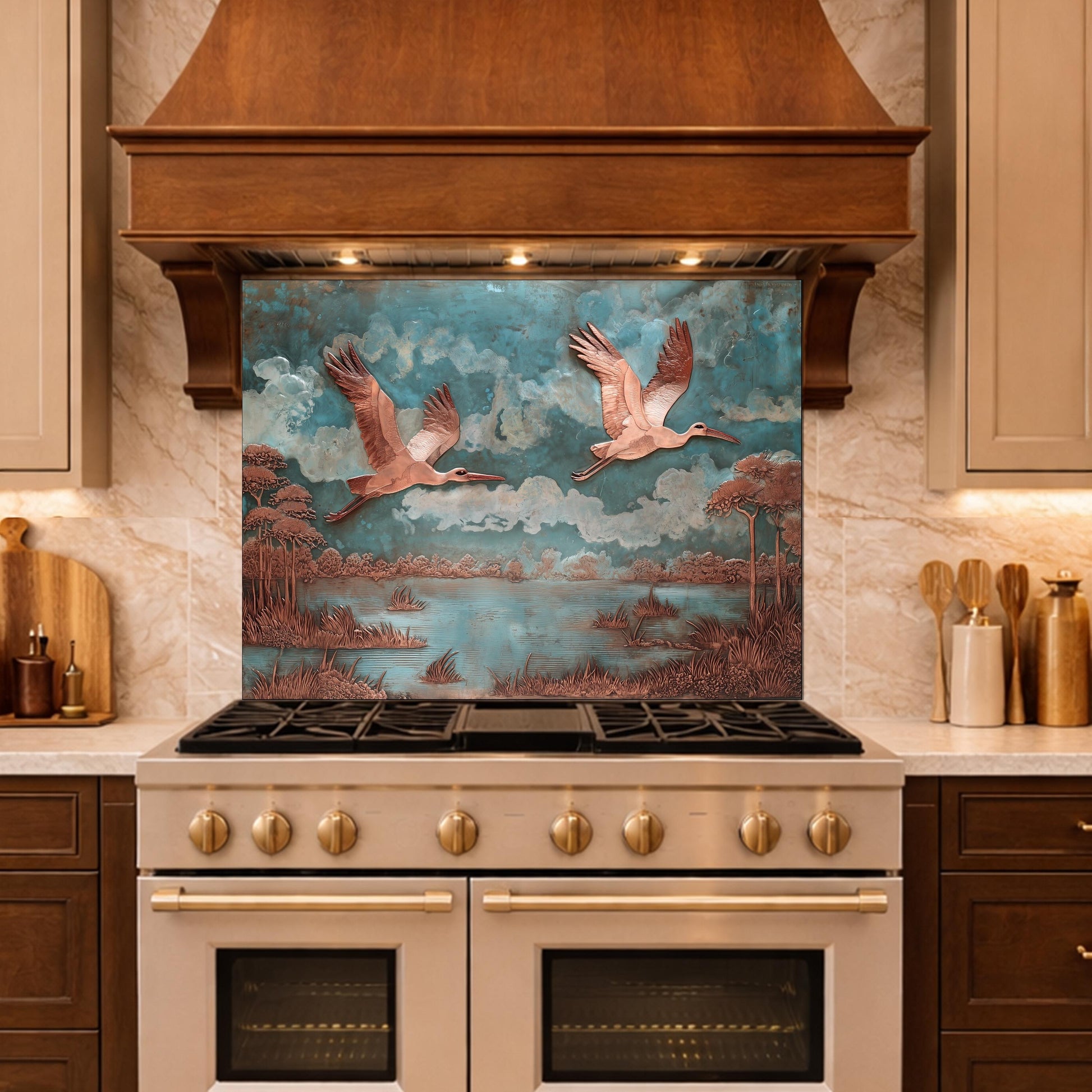 Copper Relief Flying Storks Tempered Glass Backsplash, Rustic Nature Wall Panel, Stove Guard