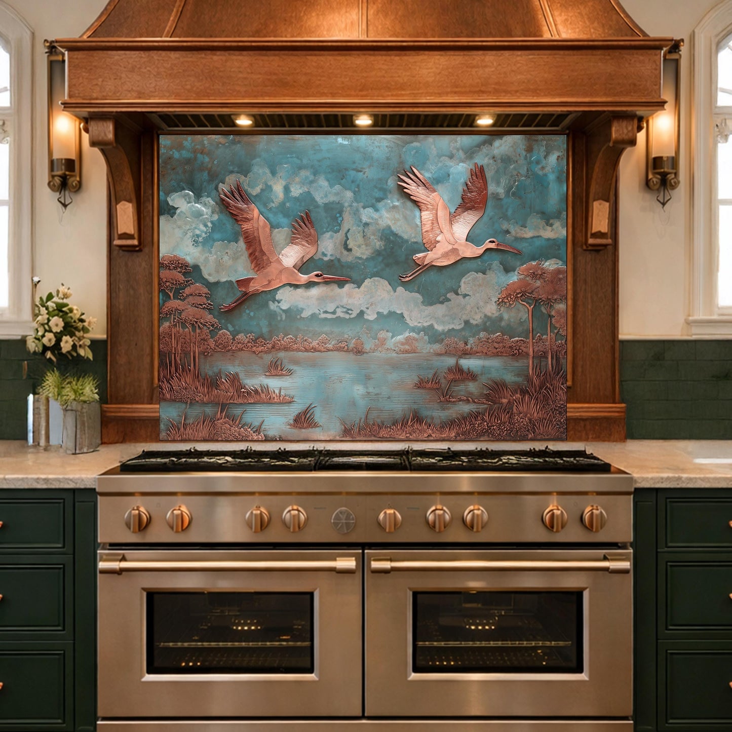 Copper Relief Flying Storks Tempered Glass Backsplash, Rustic Nature Wall Panel, Stove Guard