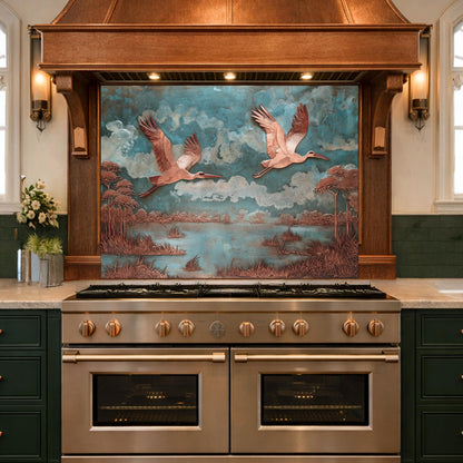 Copper Relief Flying Storks Tempered Glass Backsplash, Rustic Nature Wall Panel, Stove Guard