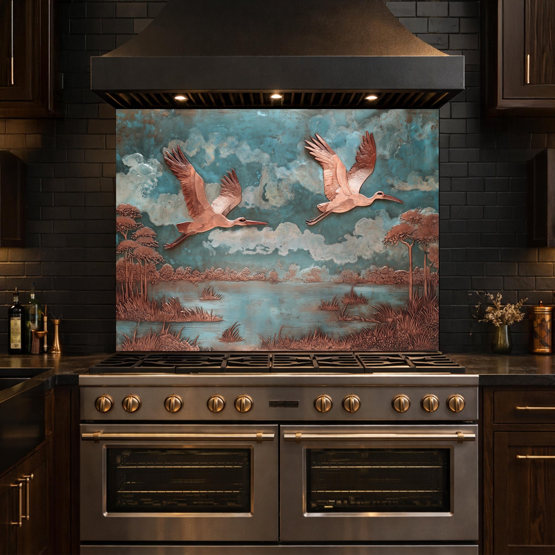 Copper Relief Flying Storks Tempered Glass Backsplash, Rustic Nature Wall Panel, Stove Guard