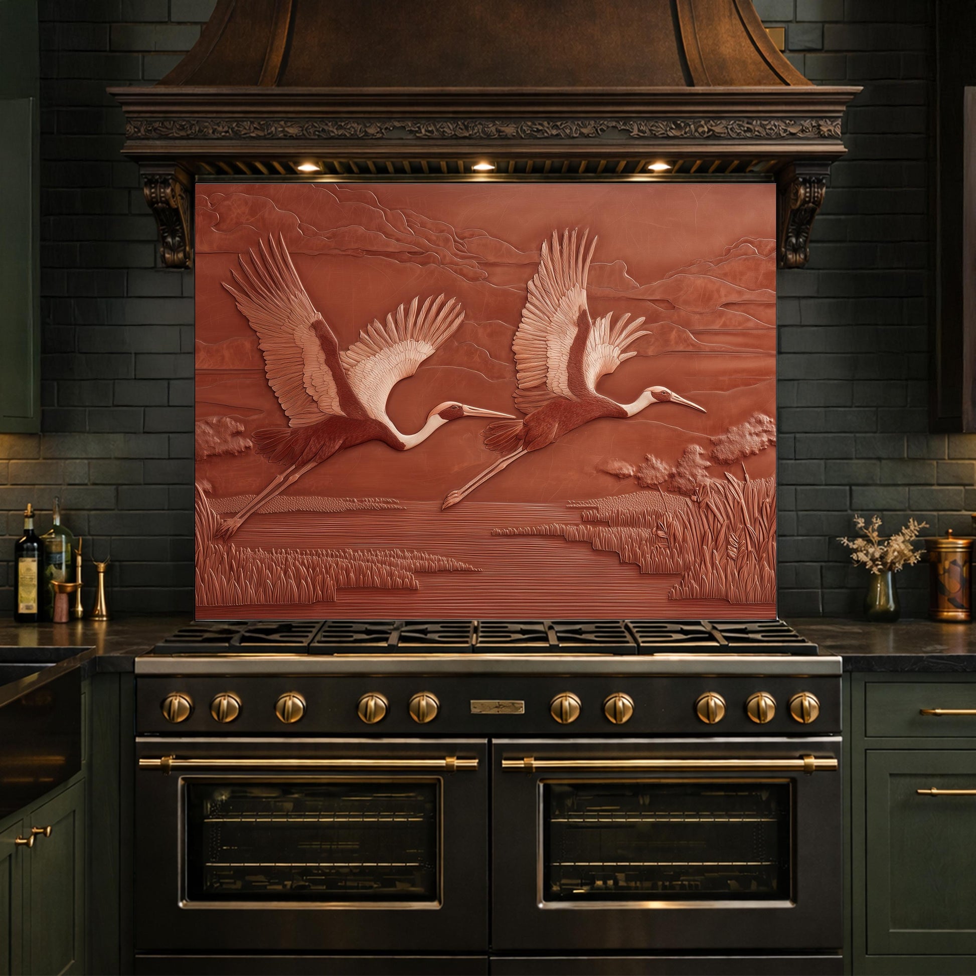 Copper Crane Relief Tempered Glass Backsplash, Wildlife Wetland Wall Panel, Stove Guard