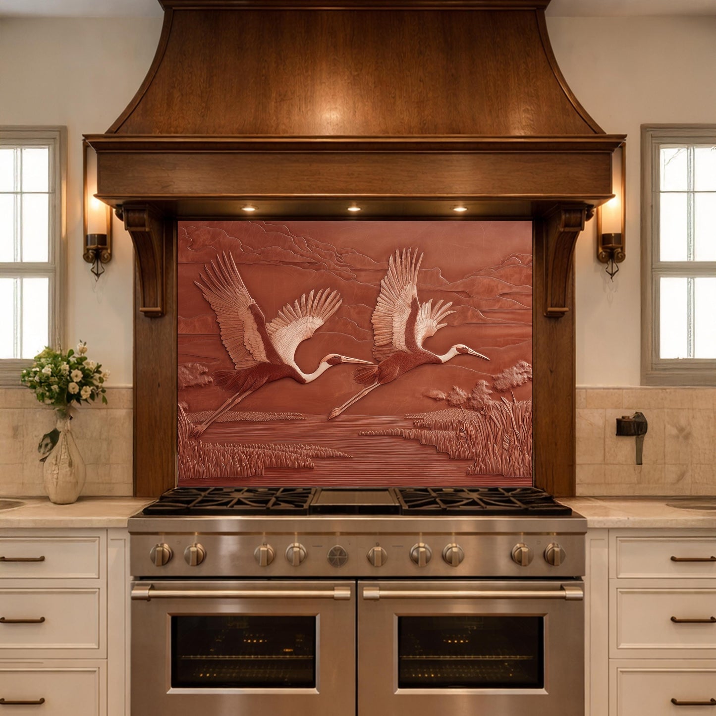 Copper Crane Relief Tempered Glass Backsplash, Wildlife Wetland Wall Panel, Stove Guard