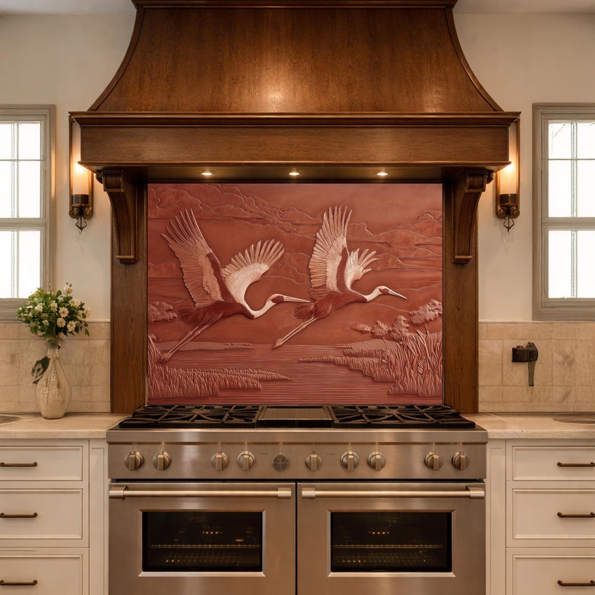 Copper Crane Relief Tempered Glass Backsplash, Wildlife Wetland Wall Panel, Stove Guard