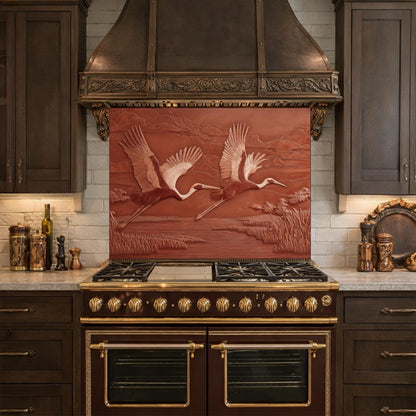 Copper Crane Relief Tempered Glass Backsplash, Wildlife Wetland Wall Panel, Stove Guard