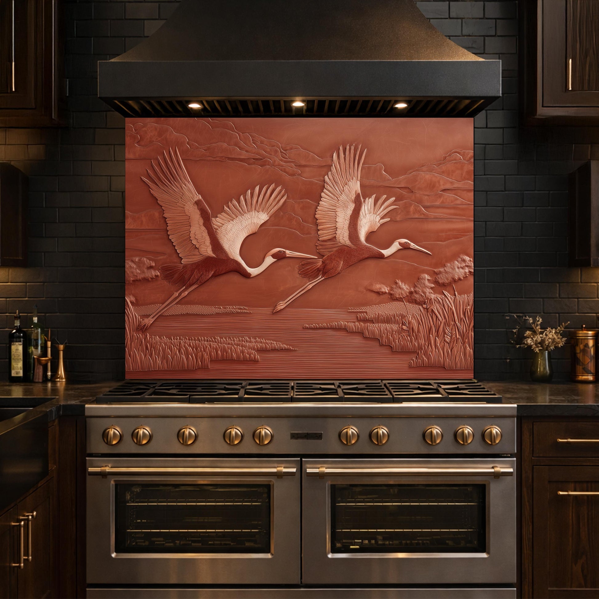 Copper Crane Relief Tempered Glass Backsplash, Wildlife Wetland Wall Panel, Stove Guard