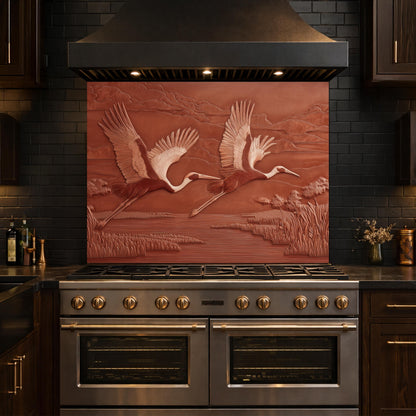 Copper Crane Relief Tempered Glass Backsplash, Wildlife Wetland Wall Panel, Stove Guard