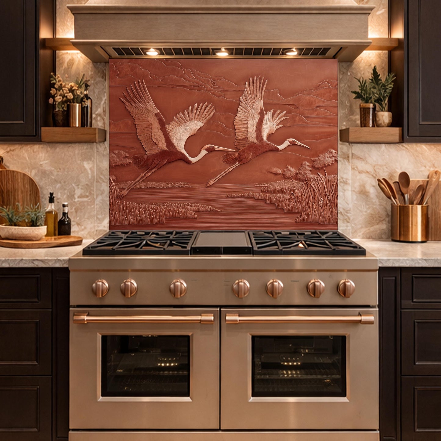 Copper Crane Relief Tempered Glass Backsplash, Wildlife Wetland Wall Panel, Stove Guard