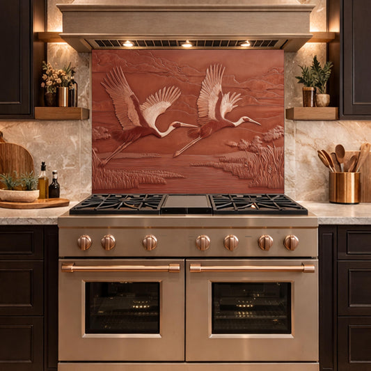 Copper Crane Relief Tempered Glass Backsplash, Wildlife Wetland Wall Panel, Stove Guard