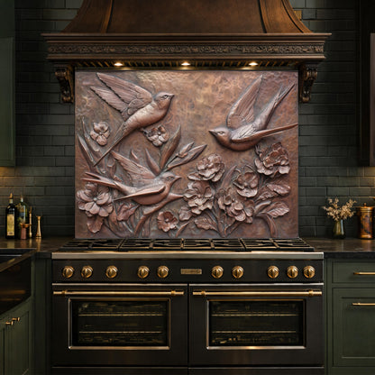 Hammered Copper Birds and Flowers Tempered Glass Backsplash, Rustic Metal Relief Wall Panel