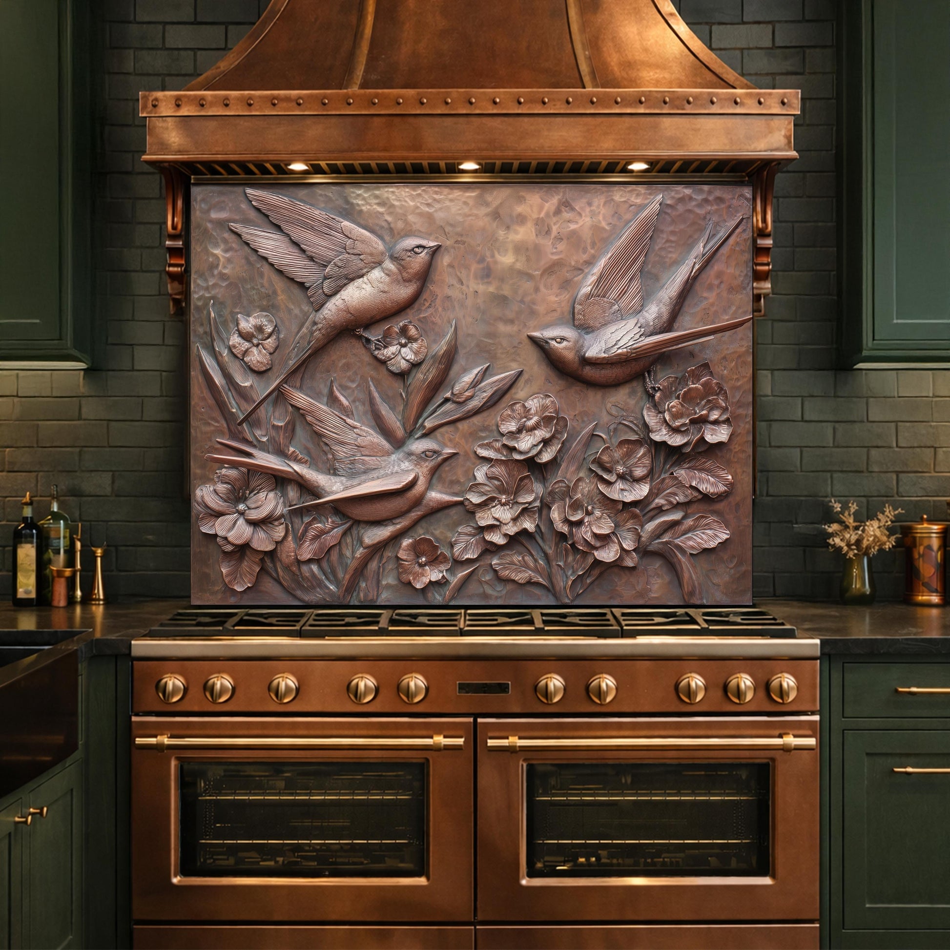 Hammered Copper Birds and Flowers Tempered Glass Backsplash, Rustic Metal Relief Wall Panel