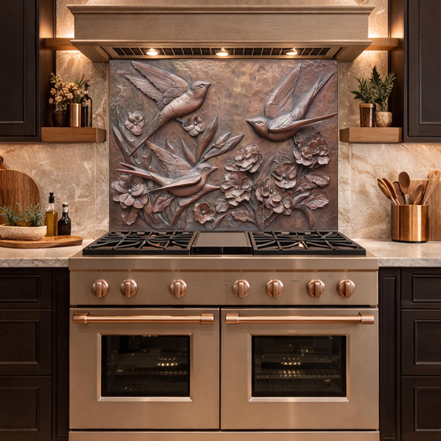 Hammered Copper Birds and Flowers Tempered Glass Backsplash, Rustic Metal Relief Wall Panel
