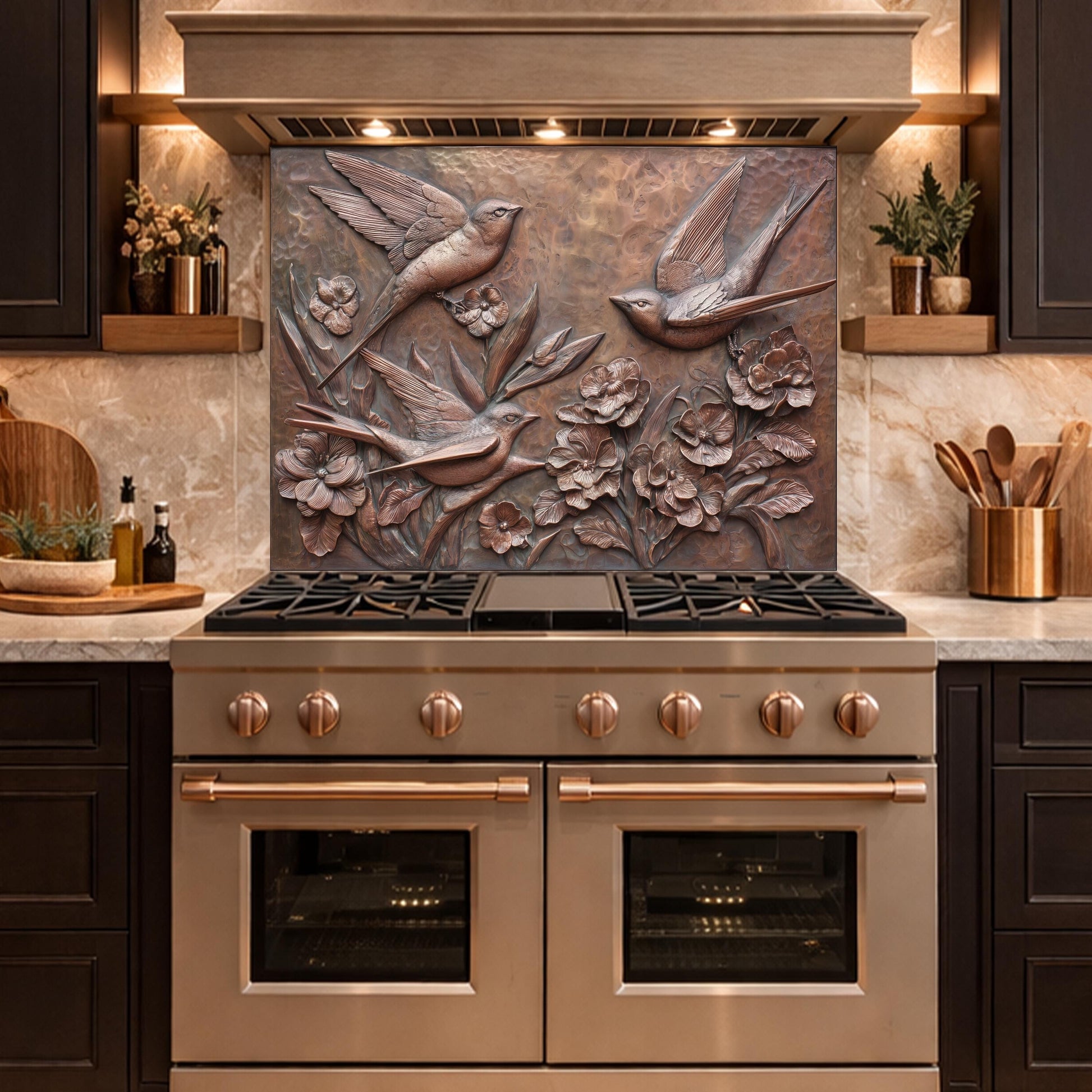 Hammered Copper Birds and Flowers Tempered Glass Backsplash, Rustic Metal Relief Wall Panel