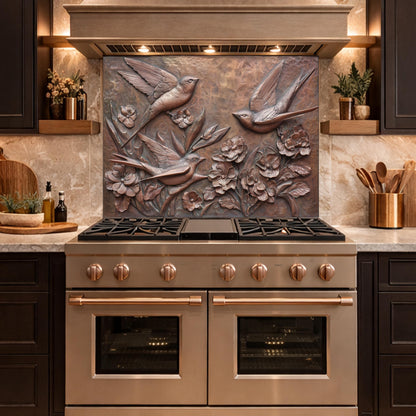 Hammered Copper Birds and Flowers Tempered Glass Backsplash, Rustic Metal Relief Wall Panel