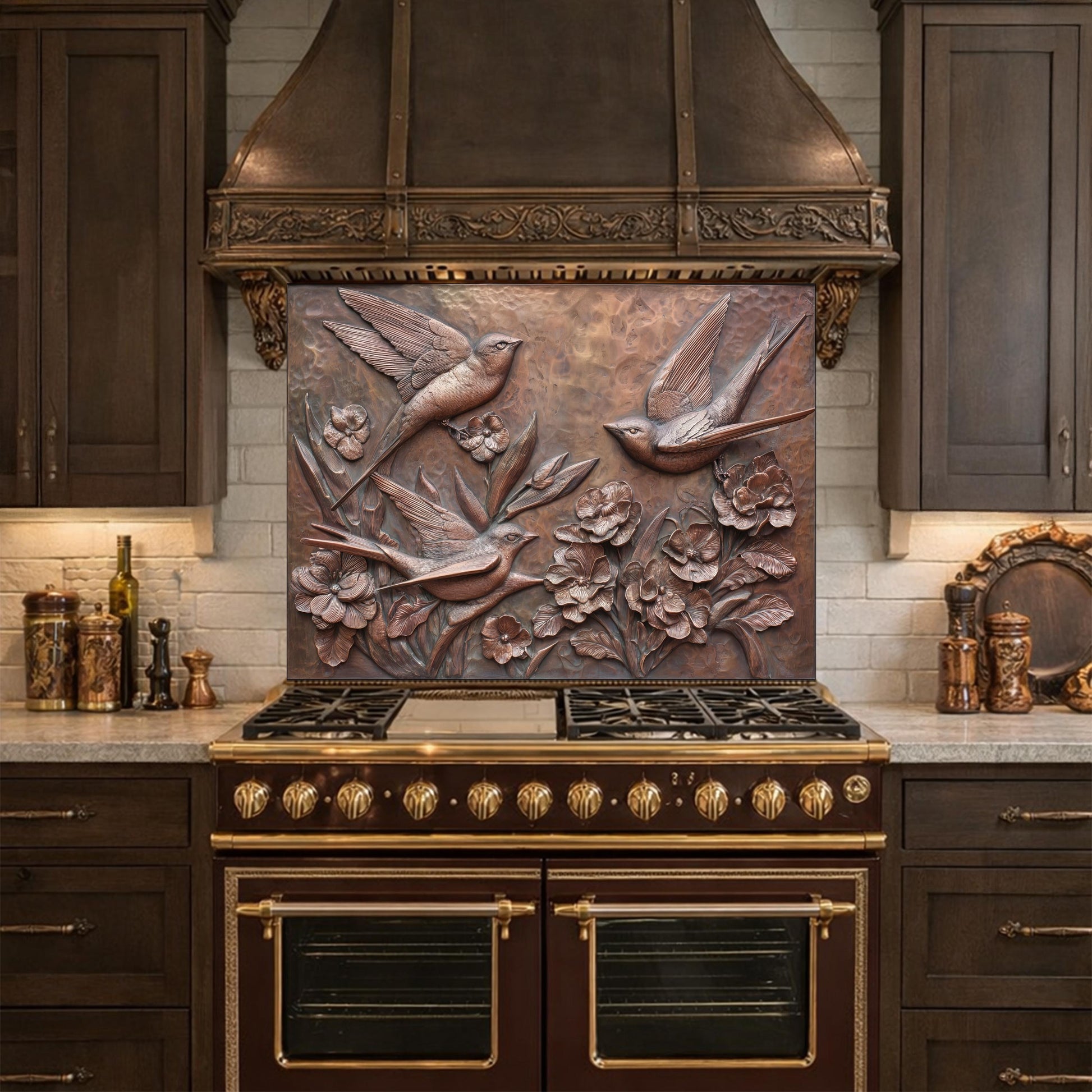 Hammered Copper Birds and Flowers Tempered Glass Backsplash, Rustic Metal Relief Wall Panel