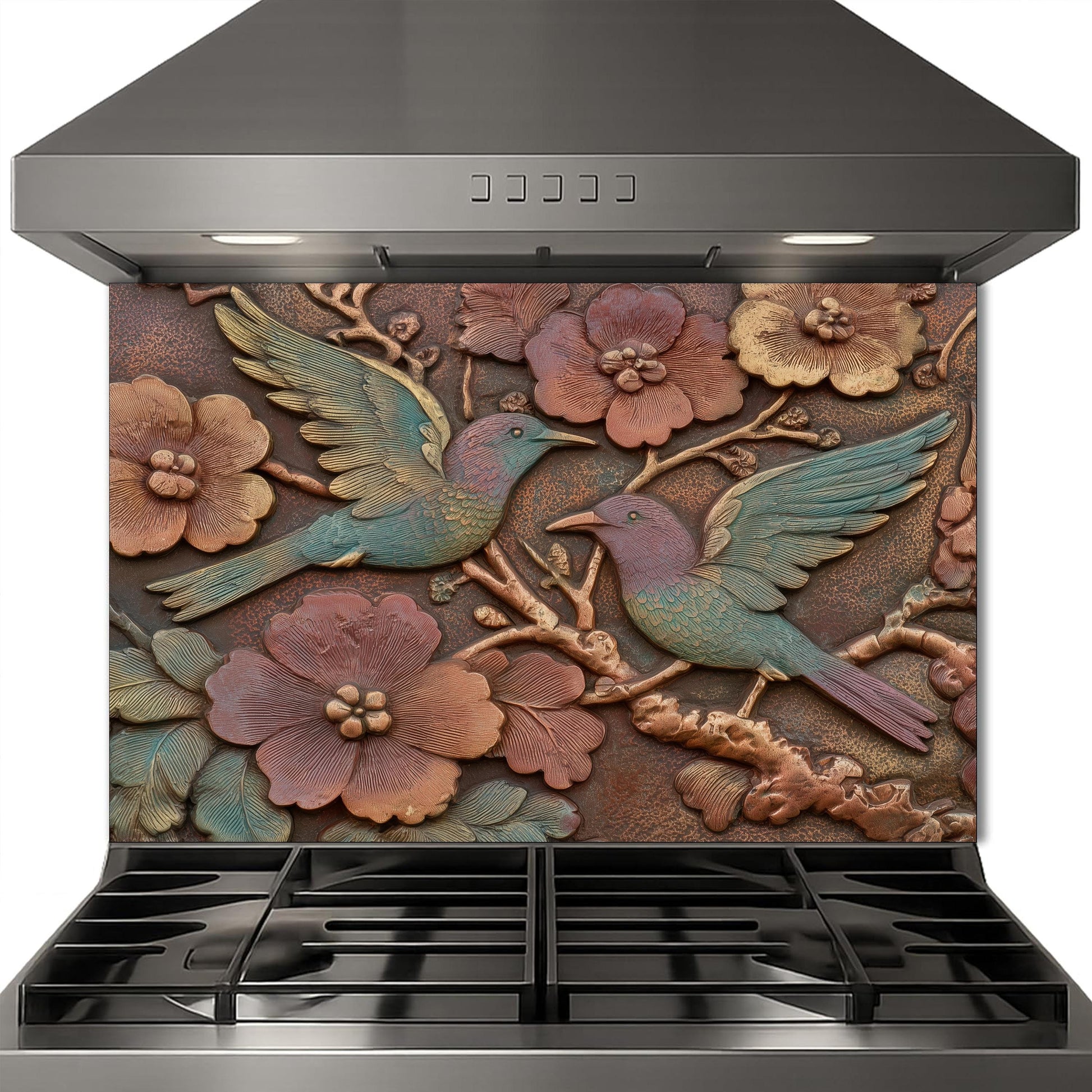 Colorful Songbirds in Copper Floral Relief Tempered Glass Backsplash, Rustic Botanical Wall Panel