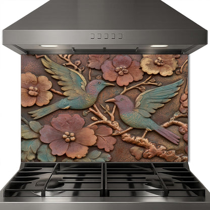 Colorful Songbirds in Copper Floral Relief Tempered Glass Backsplash, Rustic Botanical Wall Panel