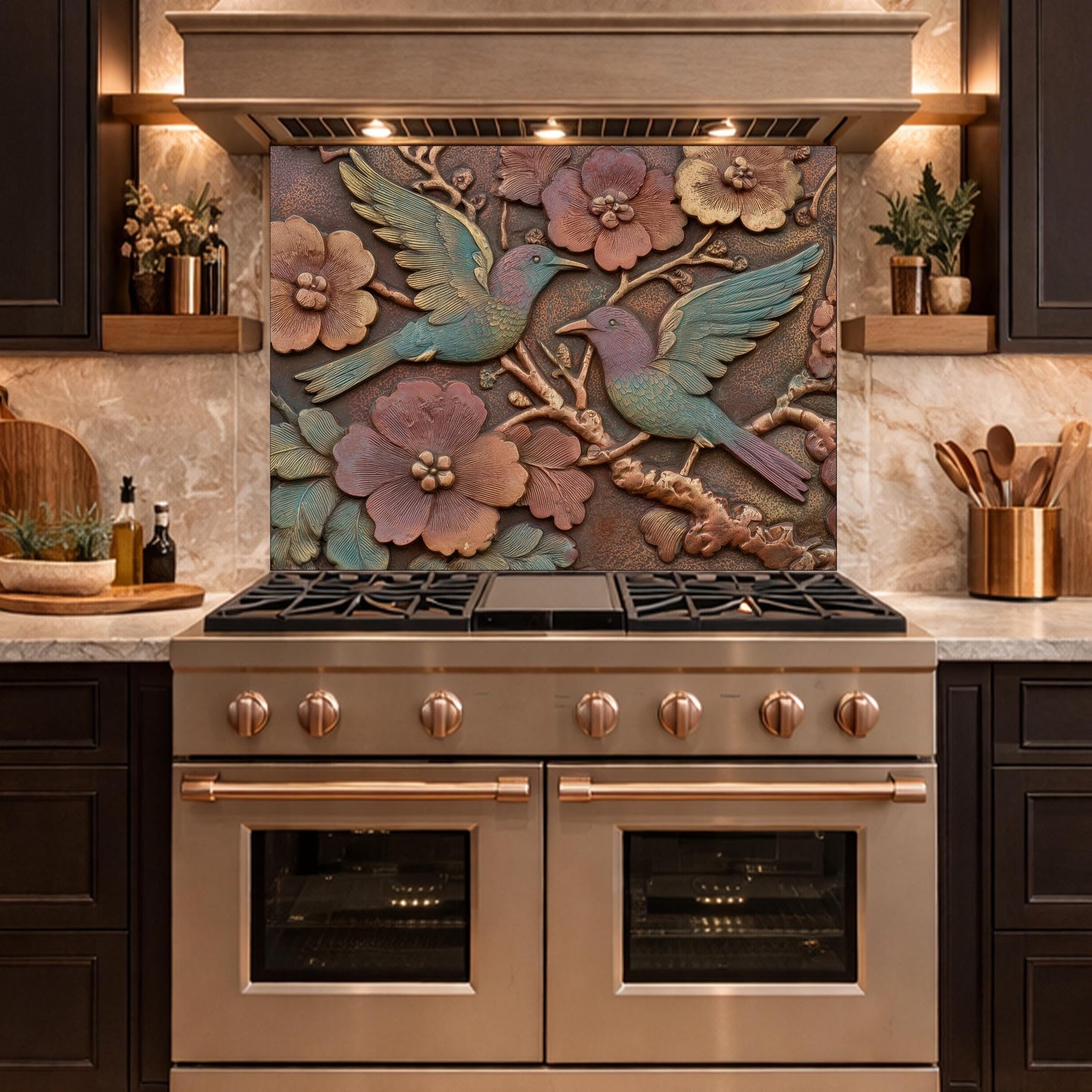 Colorful Songbirds in Copper Floral Relief Tempered Glass Backsplash, Rustic Botanical Wall Panel