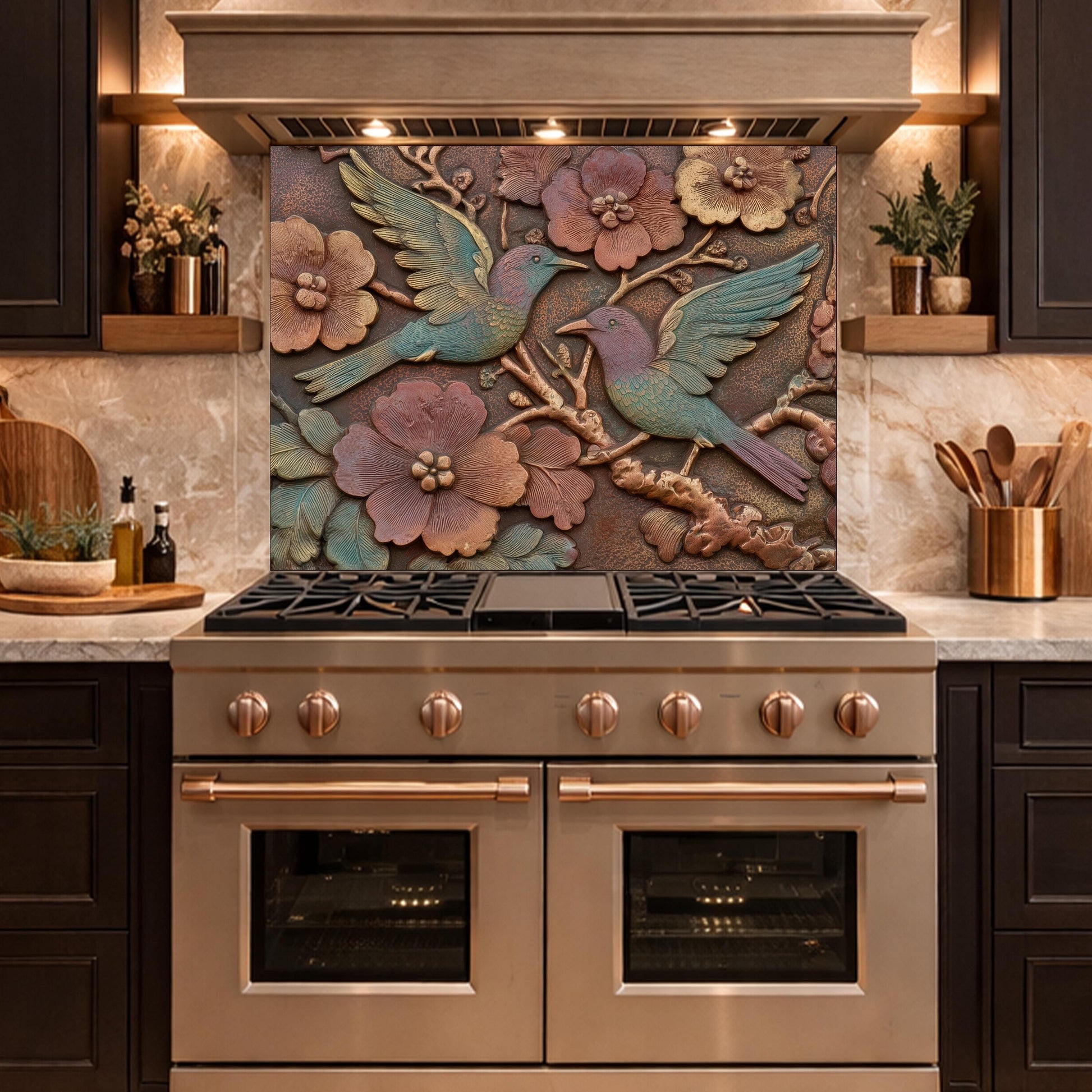 Colorful Songbirds in Copper Floral Relief Tempered Glass Backsplash, Rustic Botanical Wall Panel